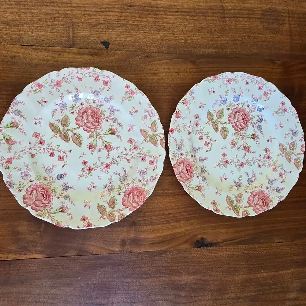 Vintage Johnson Brothers Rose Chintz Ironstone 2 Dinner Plates Cottagecore 1930s